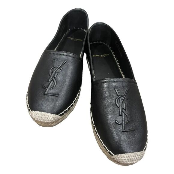 Yves Saint Laurent Shoes - YSL Saint Laurent Black Nappa Leather Espadrilles Flat Shoes Logo